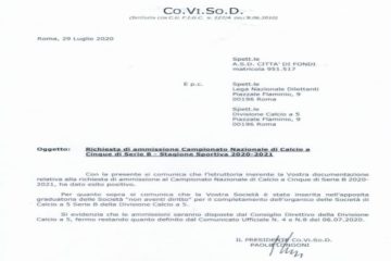 Città di Fondi: la Co.Vi.So.D dà parere positivo alla richiesta di ripescaggio, per i rossoblu la Serie B è più vicina